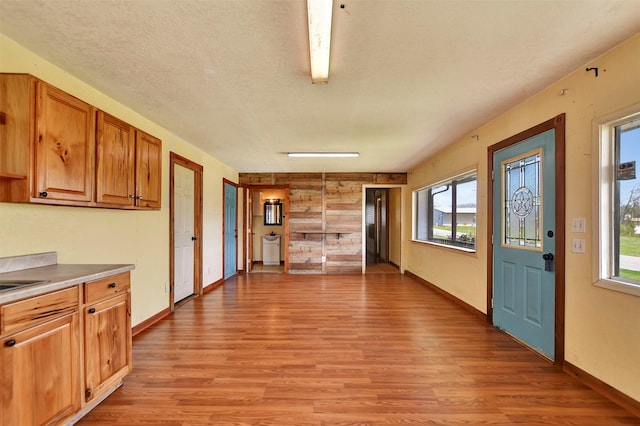 interior space featuring plenty of natural light, baseboards, brown cabinetry, and light wood-style floors