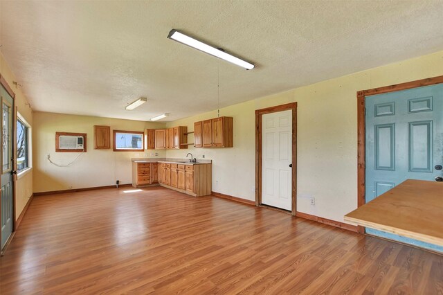 kitchen with baseboards, a textured ceiling, light wood-style floors, and a sink