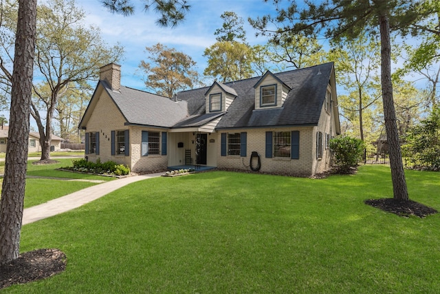 1620 Shady Oaks Dr, Conroe, TX 77301 - cape cod house with brick siding, a front yard, a chimney, and roof with shingles