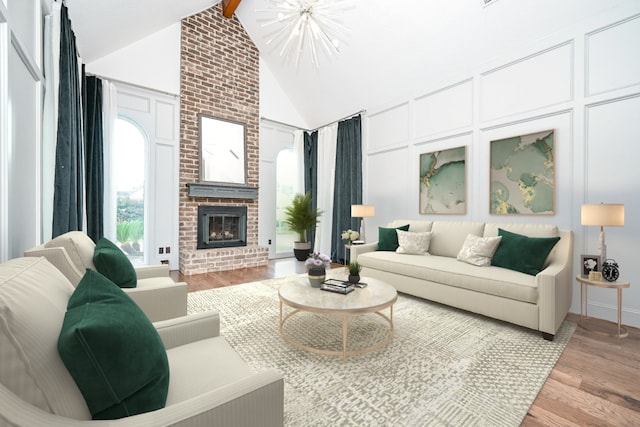 12219 Gladewick Dr, Houston, TX 77077 - living area with wood finished floors, beamed ceiling, a brick fireplace, high vaulted ceiling, and baseboards