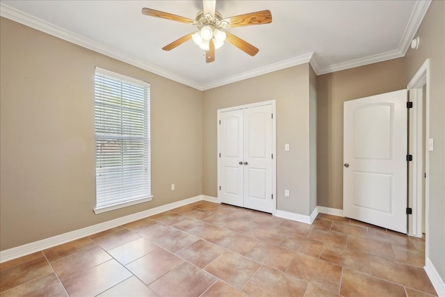 7403 S Park Rd, Lumberton, TX 77657 - unfurnished bedroom with ornamental molding, a closet, light tile patterned flooring, baseboards, and ceiling fan