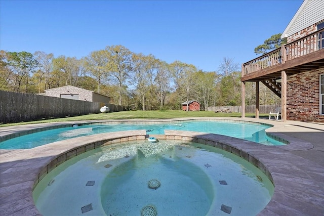 7403 S Park Rd, Lumberton, TX 77657 - view of pool featuring an outbuilding, a shed, a yard, a fenced backyard, and a deck