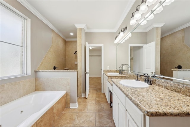 7403 S Park Rd, Lumberton, TX 77657 - full bathroom featuring a sink, a garden tub, crown molding, and a tile shower