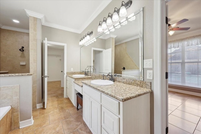 7403 S Park Rd, Lumberton, TX 77657 - full bathroom featuring ceiling fan, ornamental molding, and a sink