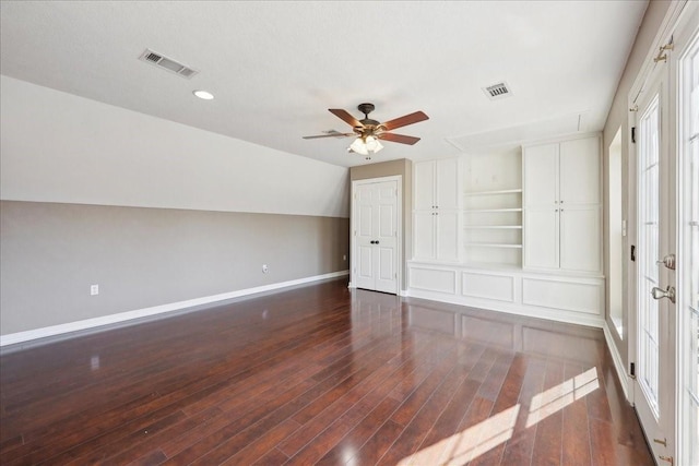 7403 S Park Rd, Lumberton, TX 77657 - additional living space with visible vents, ceiling fan, baseboards, and hardwood / wood-style floors