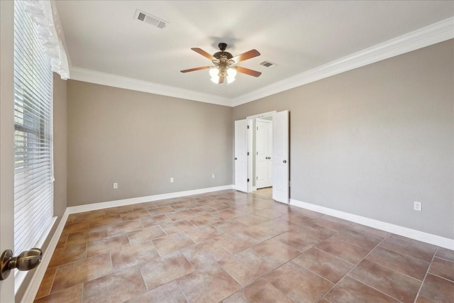 7403 S Park Rd, Lumberton, TX 77657 - tiled empty room with visible vents, baseboards, ceiling fan, and crown molding