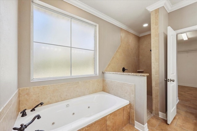 7403 S Park Rd, Lumberton, TX 77657 - bathroom featuring tile patterned floors, a tub with jets, a walk in shower, and ornamental molding