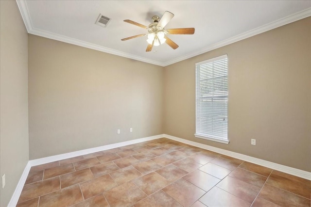 7403 S Park Rd, Lumberton, TX 77657 - spare room with visible vents, crown molding, baseboards, light tile patterned flooring, and a ceiling fan