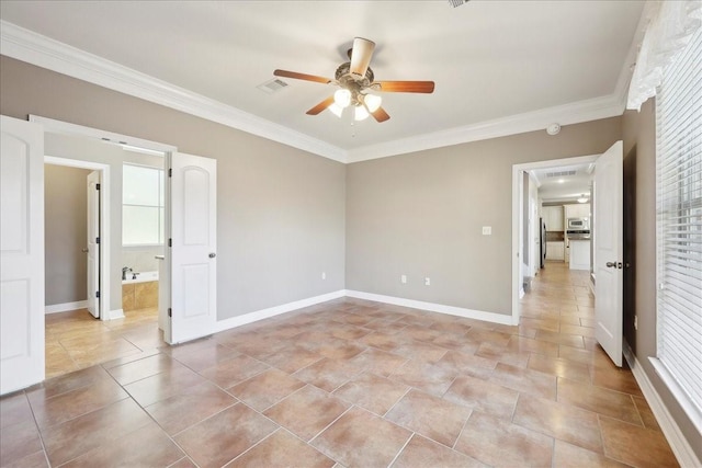 7403 S Park Rd, Lumberton, TX 77657 - empty room featuring light tile patterned floors, visible vents, baseboards, ceiling fan, and crown molding