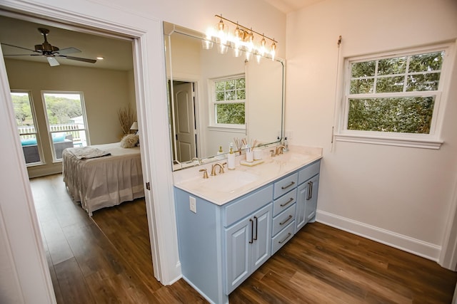 ensuite bathroom featuring a sink, plenty of natural light, wood finished floors, and a ceiling fan