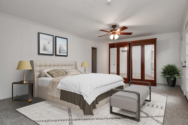11525 Burdine St Unit 421, Houston, TX 77035 - carpeted bedroom featuring a ceiling fan and crown molding