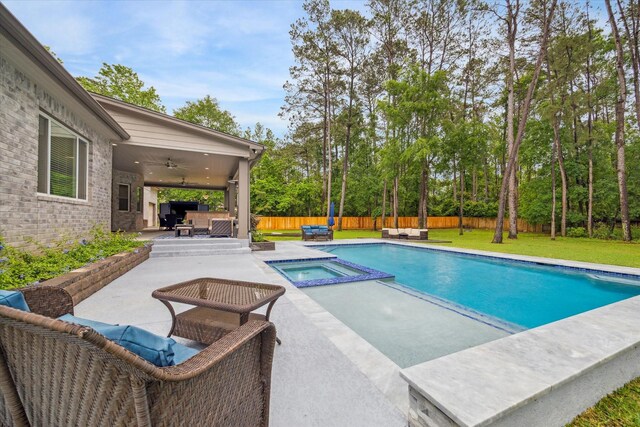 4106 Tee Tree Ct, Spring, TX 77386 - view of pool with a ceiling fan, a patio area, an outdoor living space, and view of wooded area