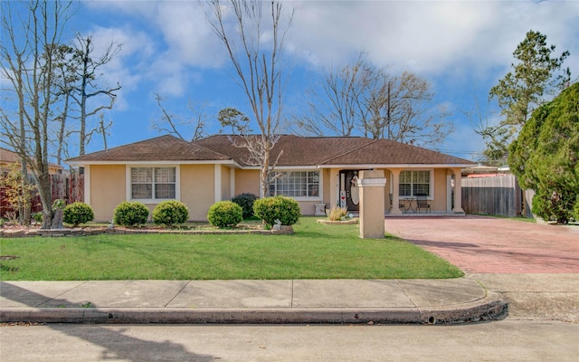 1421 Glenmore Forest St, Houston, TX 77055 - ranch-style house featuring stucco siding, decorative driveway, a front lawn, and fence
