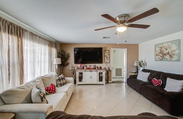 1421 Glenmore Forest St, Houston, TX 77055 - living area with light tile patterned floors, visible vents, and a ceiling fan