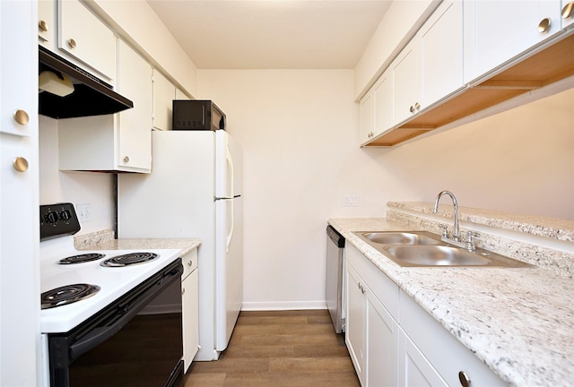 kitchen with electric stove, a sink, dishwasher, under cabinet range hood, and light countertops