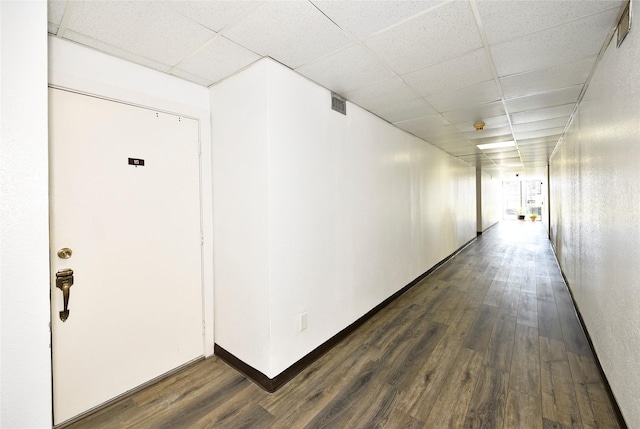 hall with a drop ceiling and dark wood finished floors
