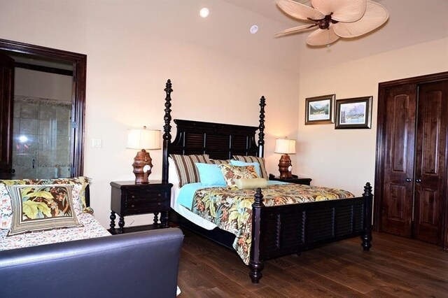 bedroom featuring a ceiling fan and wood finished floors