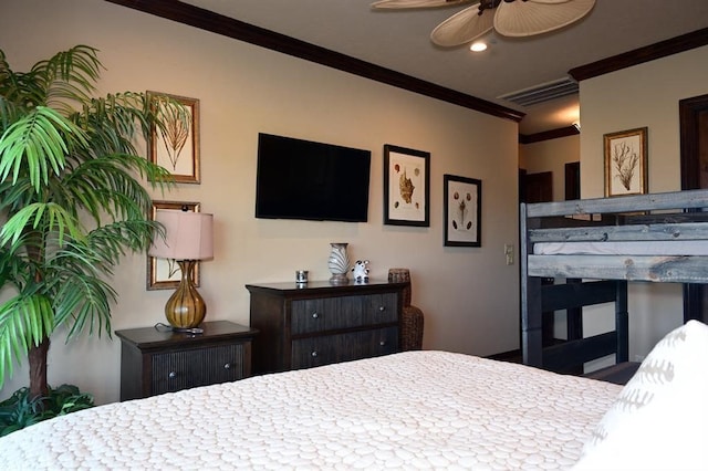 bedroom featuring ceiling fan, recessed lighting, visible vents, and ornamental molding