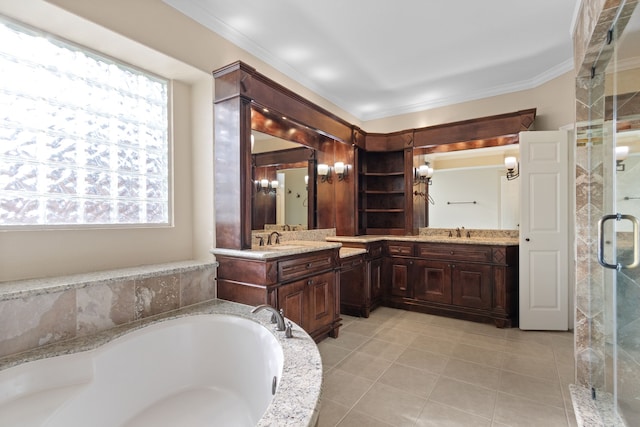full bath with vanity, ornamental molding, a shower stall, tile patterned floors, and a garden tub