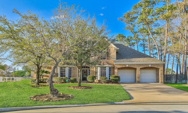 view of front facade with fence, an attached garage, driveway, a front yard, and brick siding