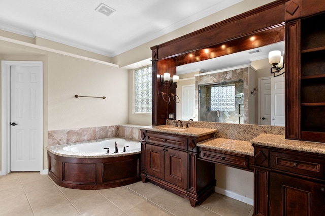 full bathroom with a bath, ornamental molding, visible vents, and a shower stall