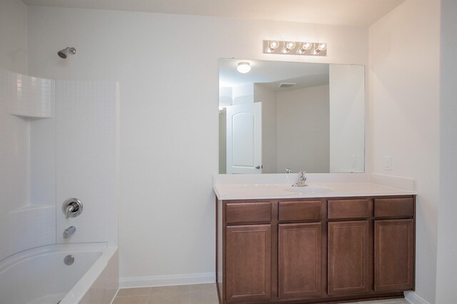 bathroom with vanity, visible vents, baseboards, and shower / bathtub combination