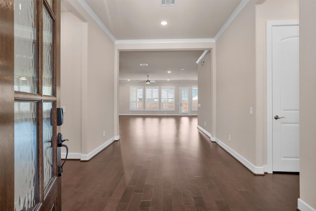 122 S Wild Petunia Trl, Montgomery, TX 77316 - hallway featuring baseboards, dark wood-style flooring, crown molding, and recessed lighting
