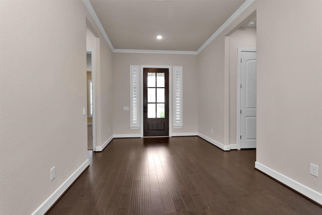 122 S Wild Petunia Trl, Montgomery, TX 77316 - entryway with baseboards, dark wood-style flooring, ornamental molding, and recessed lighting