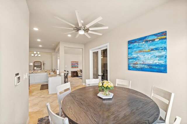 30614 Indigo Falls Dr, Brookshire, TX 77423 - dining room featuring light tile patterned floors, french doors, ceiling fan, and recessed lighting