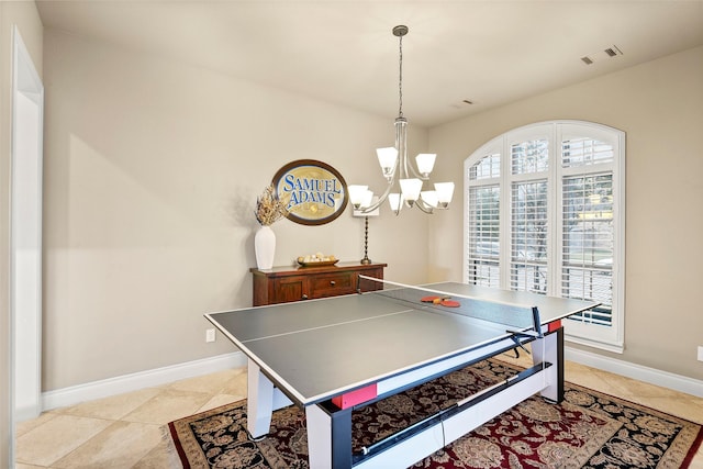 30614 Indigo Falls Dr, Brookshire, TX 77423 - rec room featuring an inviting chandelier, baseboards, light tile patterned floors, and visible vents