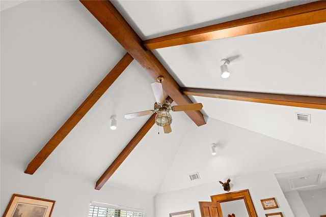 details with beamed ceiling, visible vents, and ceiling fan