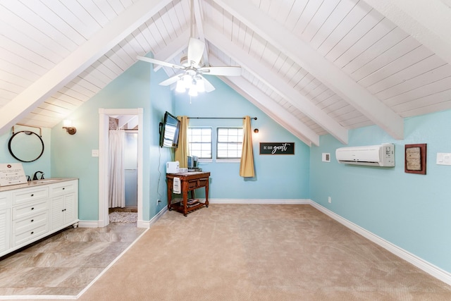 bonus room featuring a wall mounted air conditioner, light carpet, a sink, baseboards, and vaulted ceiling with beams
