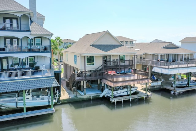 dock area with boat lift, a residential view, stairway, and a water view