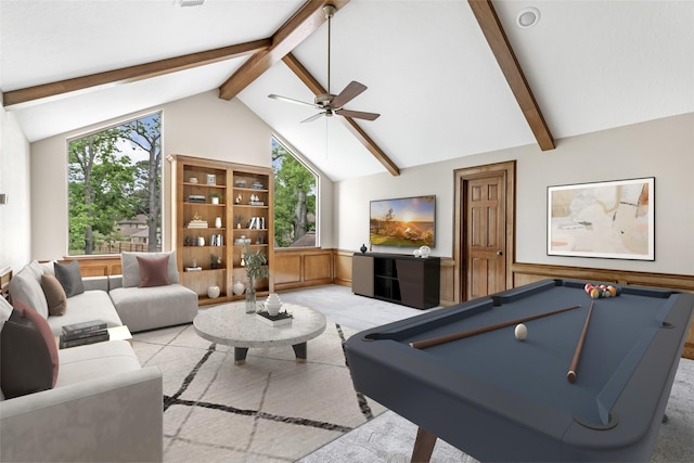 20031 Pine Wind Dr, Humble, TX 77346 - rec room with a ceiling fan, billiards, wainscoting, and light colored carpet