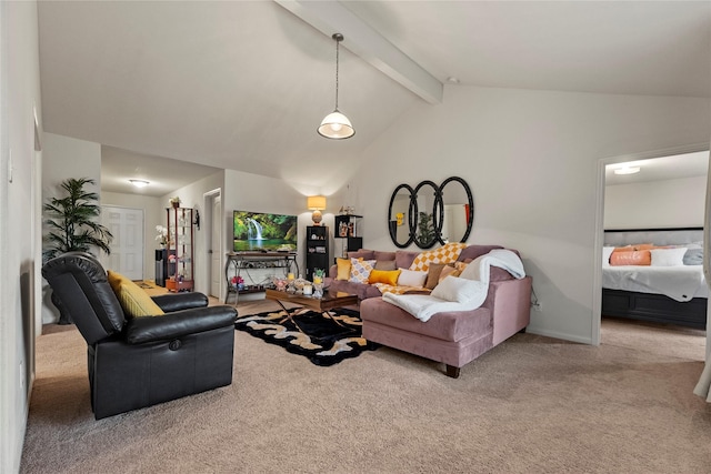 carpeted living area with lofted ceiling with beams