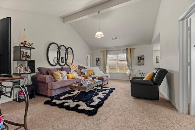 living room featuring beamed ceiling, visible vents, carpet floors, and high vaulted ceiling