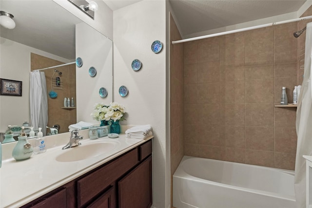 full bathroom featuring shower / bath combination with curtain and vanity