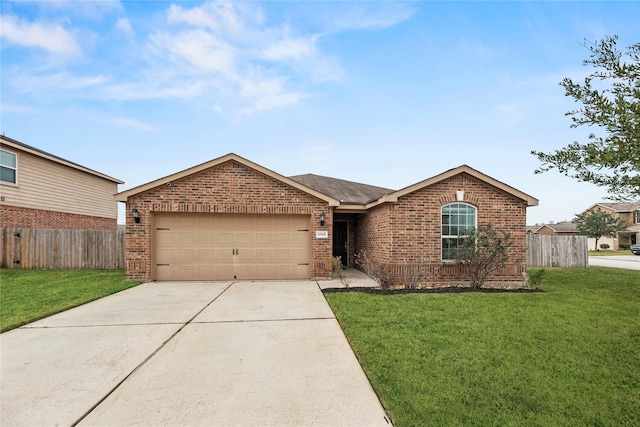 ranch-style house with fence, driveway, a front lawn, a garage, and brick siding