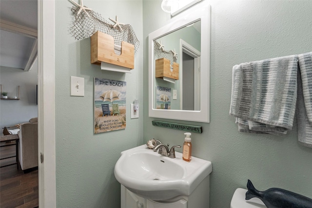 908 Calico Jack Cv, Galveston, TX 77554 - half bathroom featuring wood finished floors and vanity