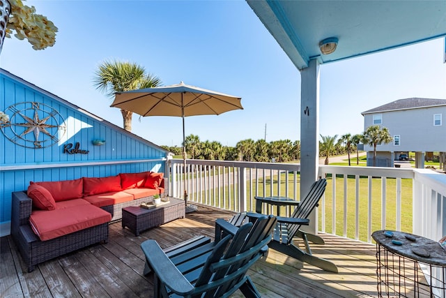 908 Calico Jack Cv, Galveston, TX 77554 - deck with outdoor lounge area and a yard