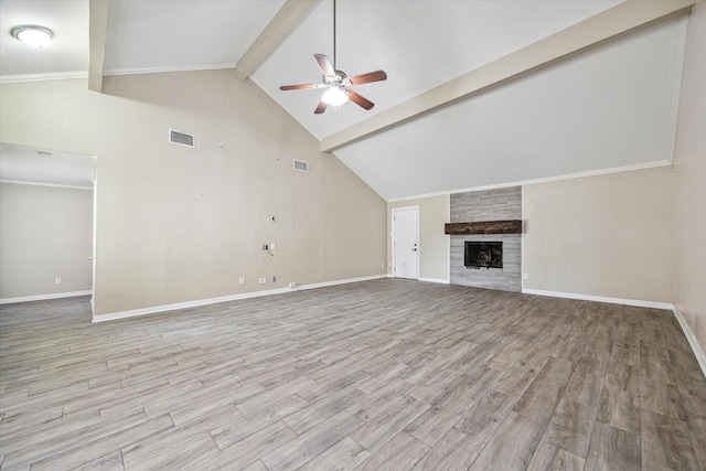 12007 Fairpoint Dr, Houston, TX 77099 - unfurnished living room with wood finished floors, beamed ceiling, a ceiling fan, and visible vents