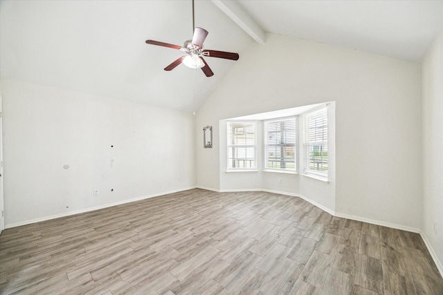12007 Fairpoint Dr, Houston, TX 77099 - empty room with a ceiling fan, baseboards, high vaulted ceiling, light wood-style floors, and beamed ceiling