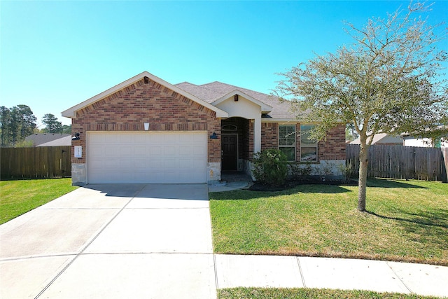 ranch-style home with a front lawn, fence, brick siding, concrete driveway, and an attached garage