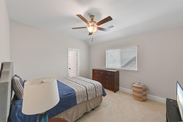carpeted bedroom featuring visible vents, ceiling fan, baseboards, and lofted ceiling