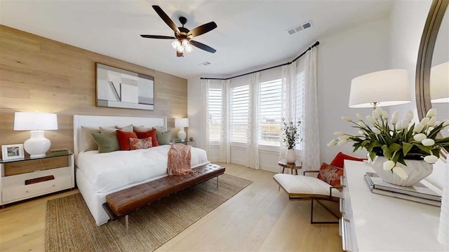 12043 Lake View Blvd, Mont Belvieu, TX 77523 - bedroom featuring light wood finished floors, wooden walls, and a ceiling fan