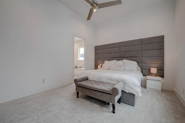 2414 Canal St Unit A, Houston, TX 77003 - bedroom featuring carpet, high vaulted ceiling, baseboards, connected bathroom, and a ceiling fan