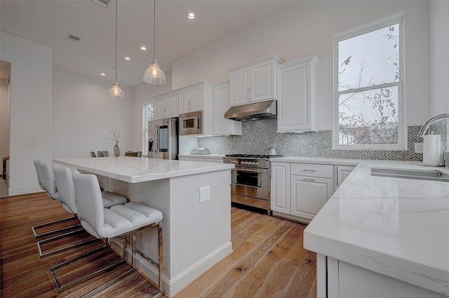 2414 Canal St Unit A, Houston, TX 77003 - kitchen featuring appliances with stainless steel finishes, a sink, under cabinet range hood, a center island, and tasteful backsplash