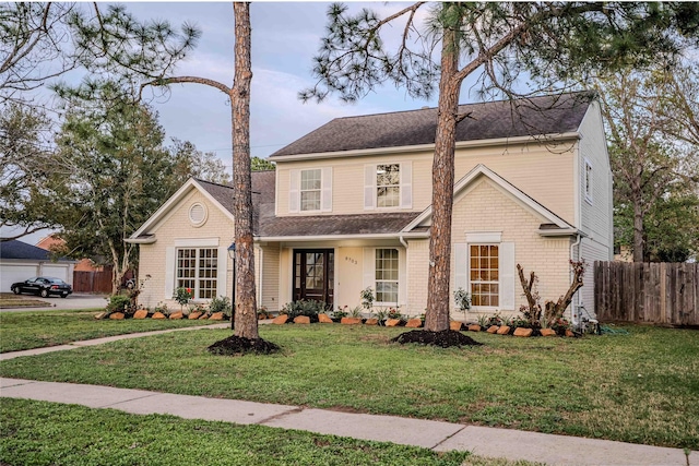 traditional-style house with brick siding, a shingled roof, a front yard, and fence
