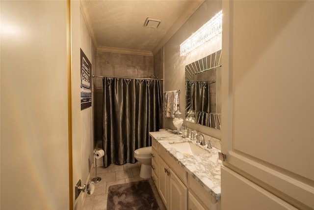 bathroom with crown molding, toilet, a shower with curtain, tile patterned floors, and vanity