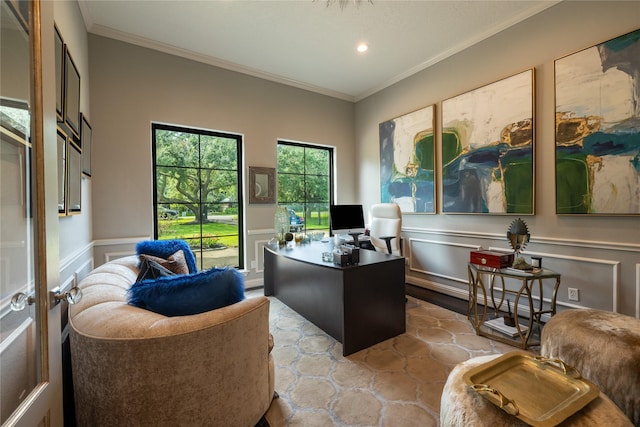 home office featuring recessed lighting, a decorative wall, wainscoting, and crown molding